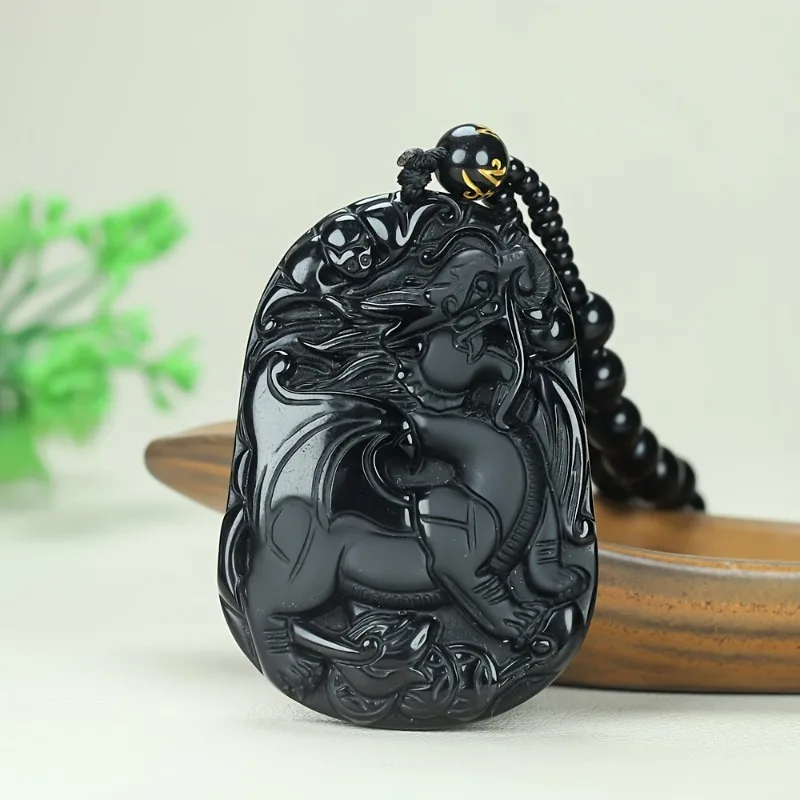 

Ожерелье с подвеской в виде дракона из натурального обсидиана - изысканные украшения в этническом стиле для мужчин и женщин