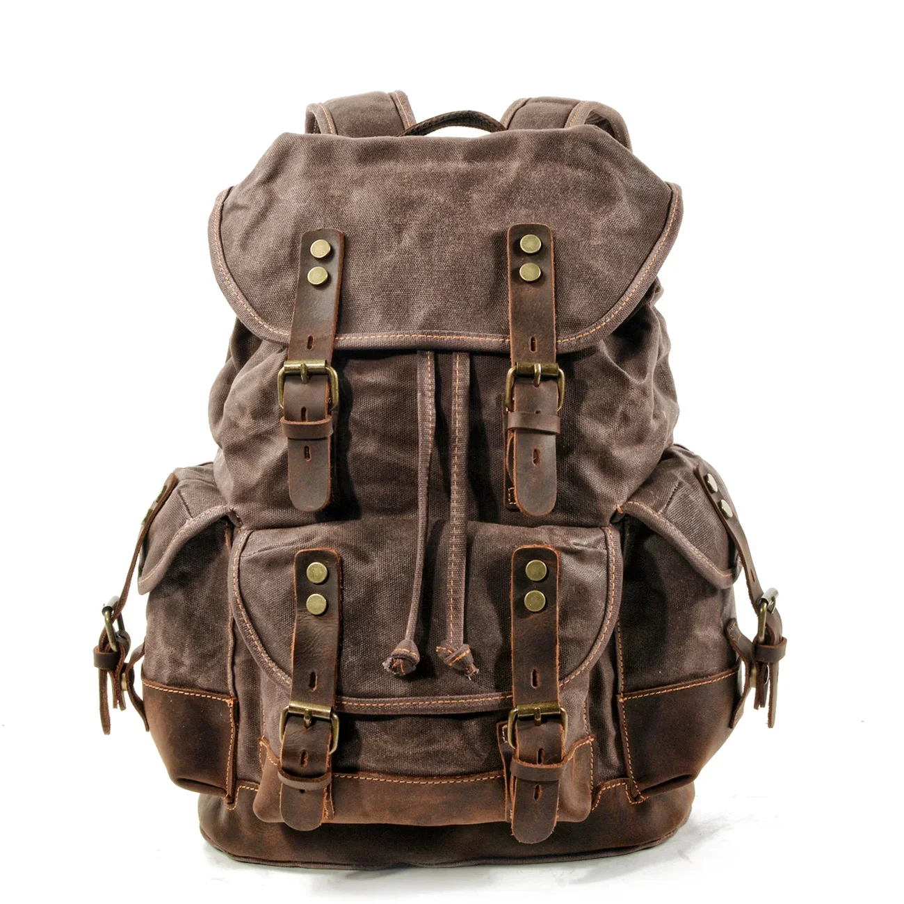 Waxed Canvas Leather Rucksack Backpack Vintage Waterproof Bookbag for Men Outdoor Hiking Travel Bag