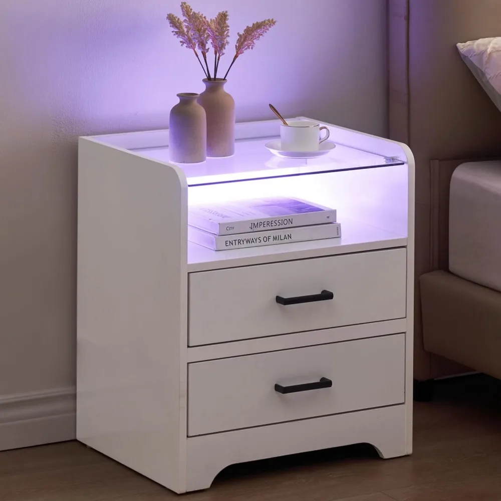 

LED Night Stand with 2 Drawer, Modern Bedside Table W/Open Storage for Bedroom Living Room Dorm, End Side Table with Glass Top