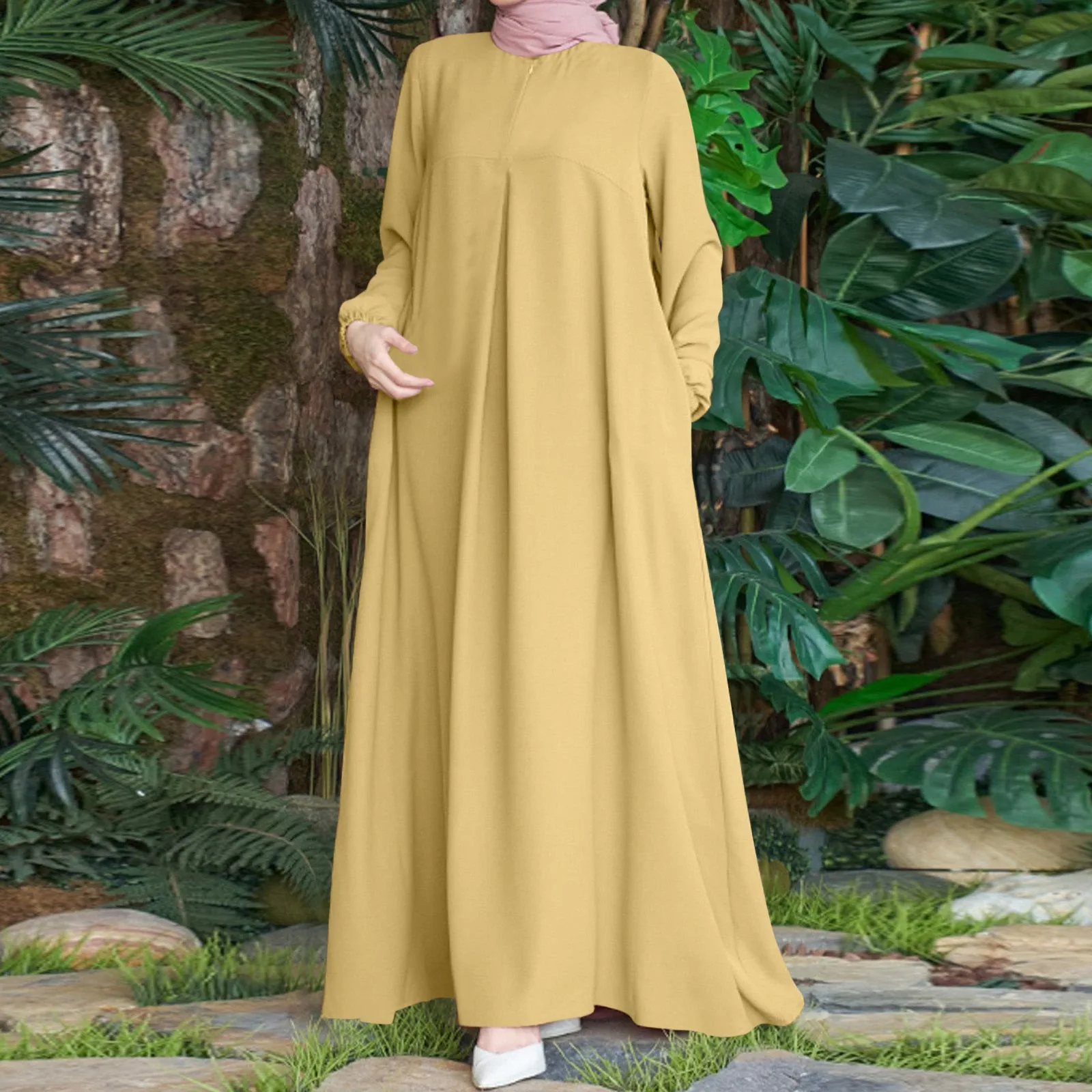 Under Abaya Inner Long Slip Dress Solid Color Smocked Cuffs Islamic Clothing Muslim Woman Casual Dubai Turk Modest Hijabi Robe