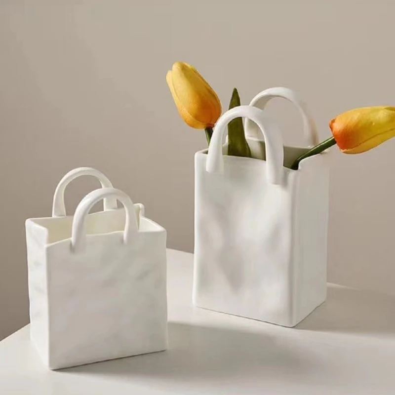 Modern Wrinkled Handbag Ceramic Vase, Pure White Smooth Finish, High-Fired Flower Holder, Elegant Decor, Unique Tabletop Accent