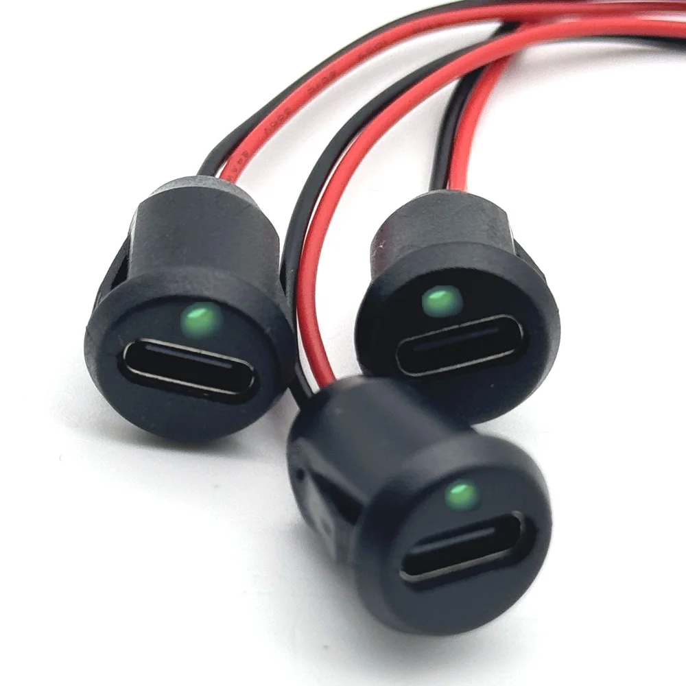 1/10pc USB Type C Input Type Charging Socket With LED Lights Plate 2pin Waterproof USB-C Power Port TYPE-C Female Connector Jack