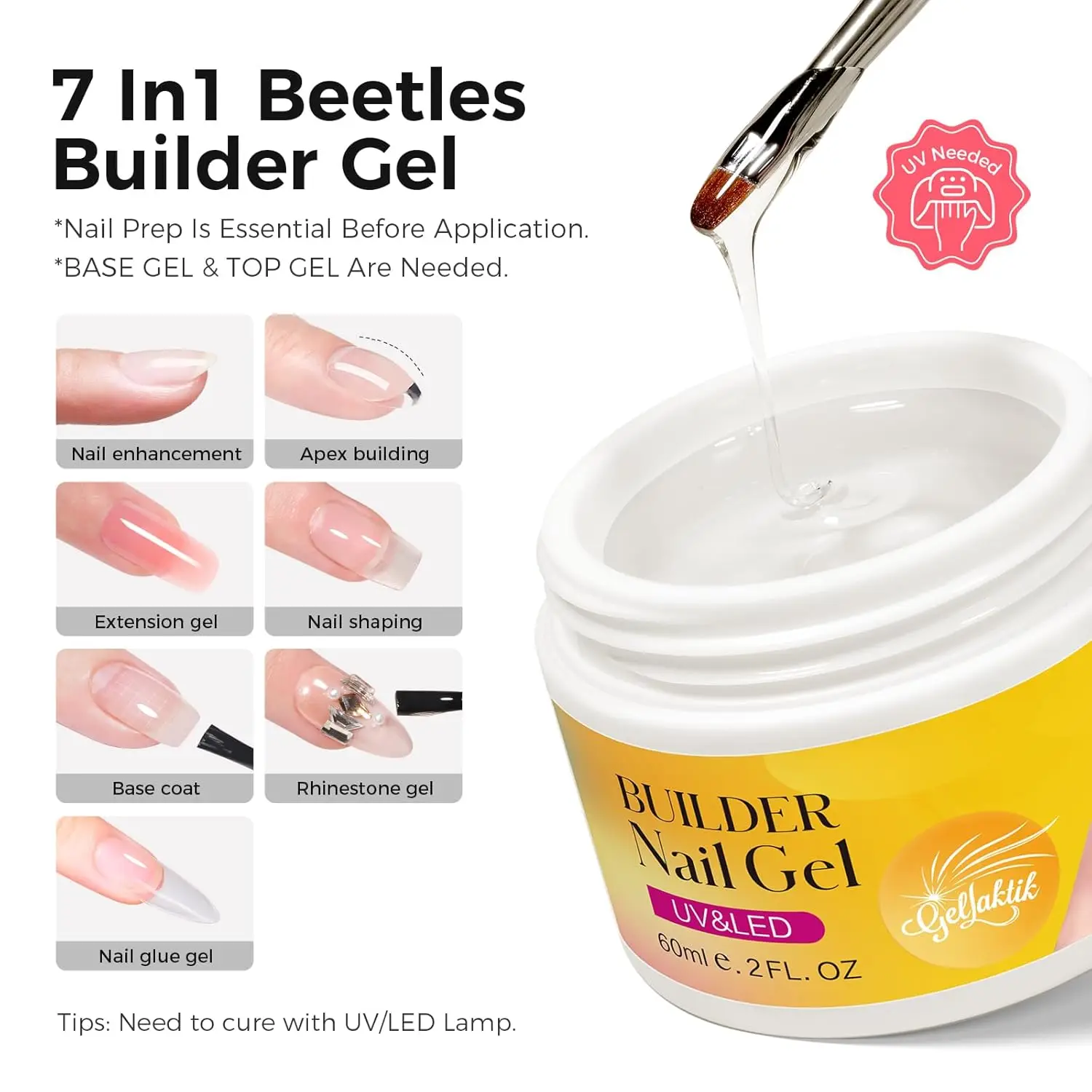 네일 빌더 젤, 60g 투명 하드 젤 (10개 폼 포함), UV LED 경화 조형 키트