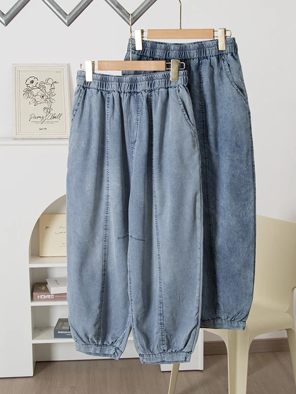 High Waist Loose Straight Leg Jeans Women's Nine Point Long Pants Summer Casual  Cotton Waed Denim Pure Color