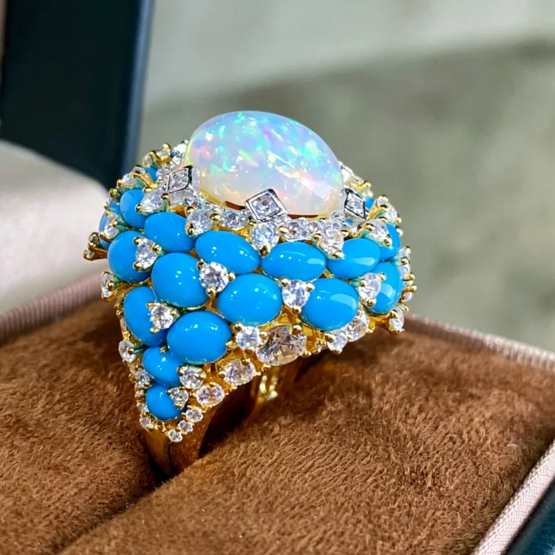 Bellux 925 silver gold-plated ring synthetic zircon turquoise natural opal oval bird's nest luxury vintage large rings