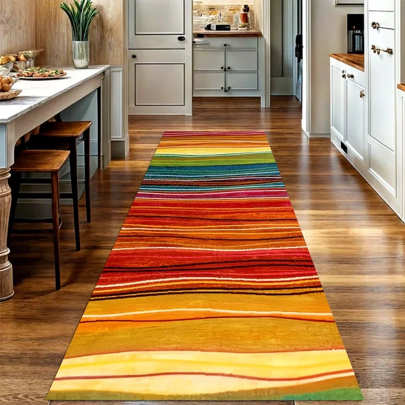 VIKAMA Boho Sunset Stripe Kitchen Runner Mat Non-Slip Washable Colorful Spice Decor Floor Rug for Kitchen