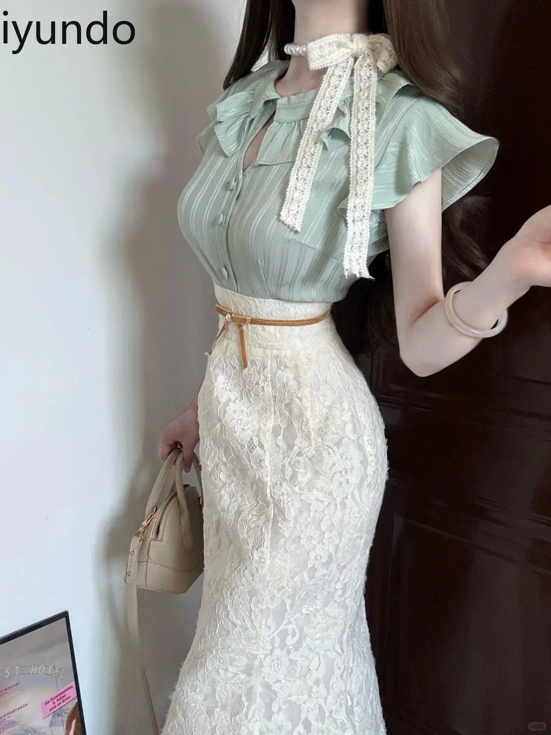 2025 Summer Women's Set French Vintage Ruffled Sleeves Blouse & High Waist Hip-Hugger Lace Mermaid Skirt Elegant Boho Outfit