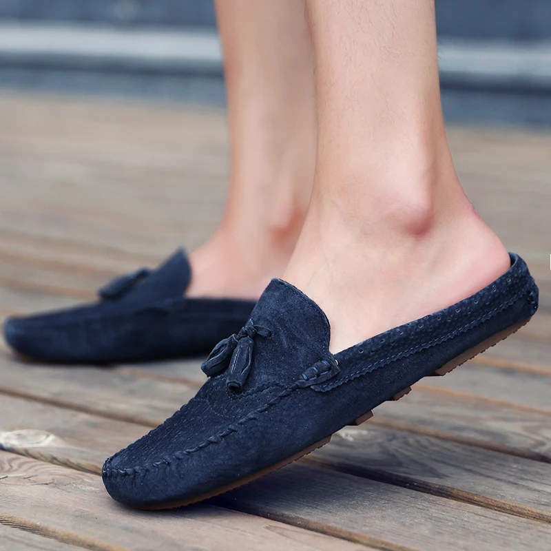 

Fashion Male Tassels Half Slipper Leather Loafers Suede Soft Loafers Breathable Lightweight on Men's Driving Shoes Lazy Shoes