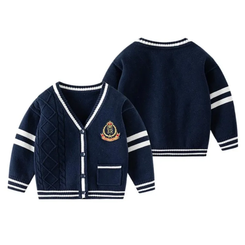 UNITIM Autumn Baby Boys Sweater Stretch Striped Badge College Style Children Boys Coat Knitted Cotton Kids Boy Outerwear