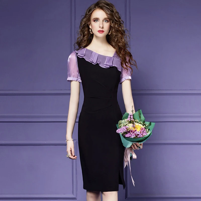 

Elegant Ladies Ruffles Patchwork Beading Dress Women Summer Clothes 2024 Designer Fashion Office Pencil Dress Plus Size Vestidos