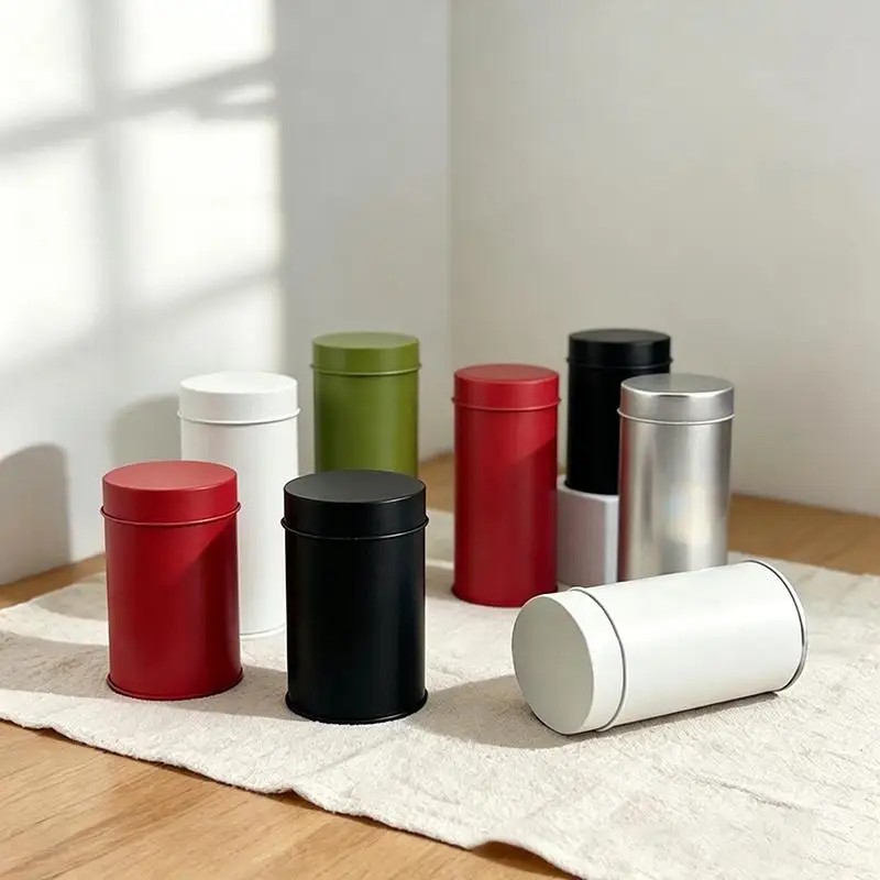 1Pcs Iron Tea Canister Metal Tea Storage Tin Available In 4 Colors With A Double-Layered Airtight Lid Cylindrical Shape