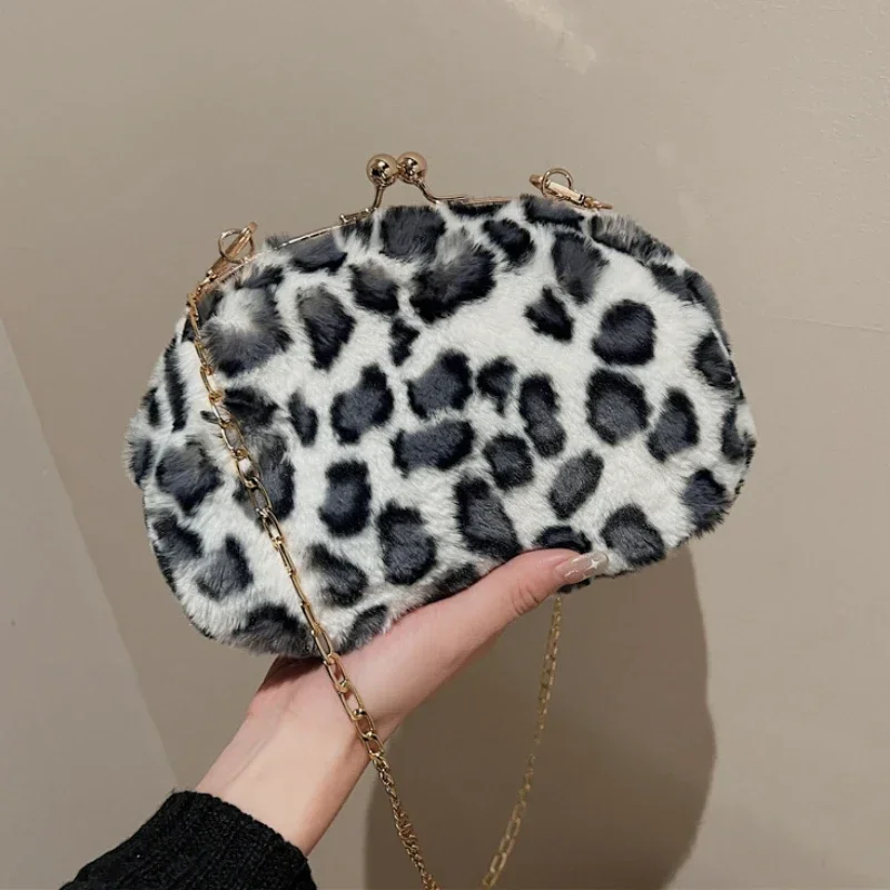 Leopard Print Fluffy Shoulder Crossbody Bags Woman Cow Pattern Handbags Female Winter Plush Bag Fashion Lady Bag Small Purses