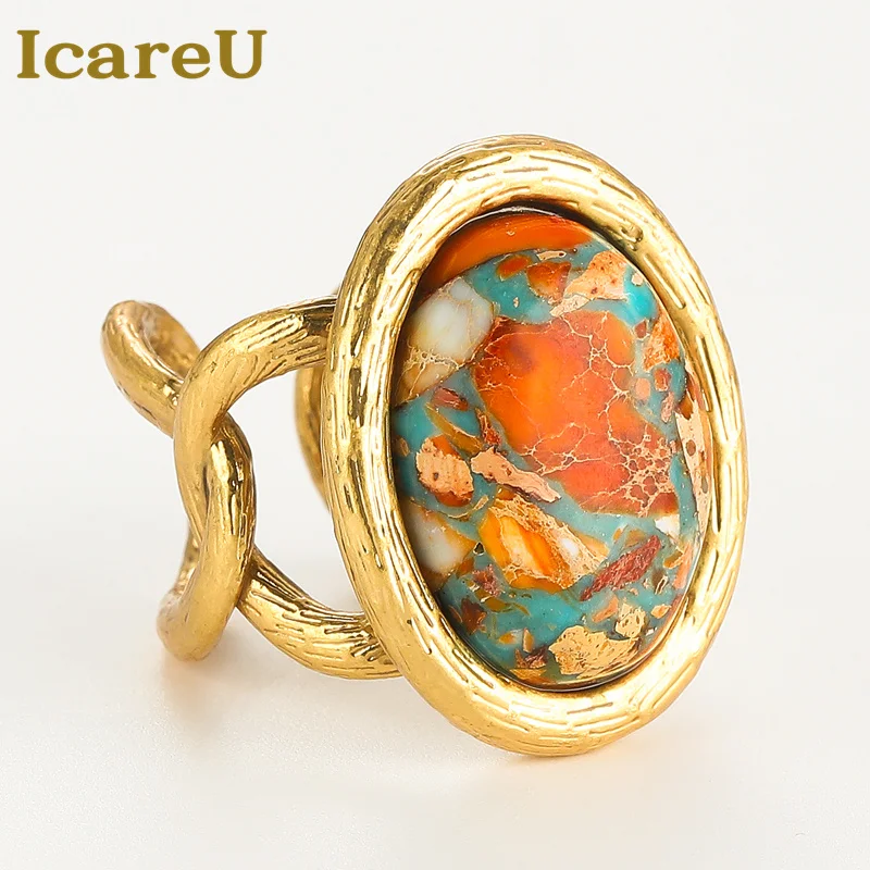 

Icareu винтажные кольца для женщин, античное золото, морская карта, овальные ювелирные изделия из натурального камня, роскошные дизайнерские ретро тренды 2025 года