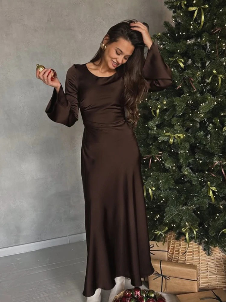 Fdyoui elegante o pescoço manga longa rendas marrom festa vestido de noite feminino túnicas de cintura alta bandagem magro cetim vestidos longos