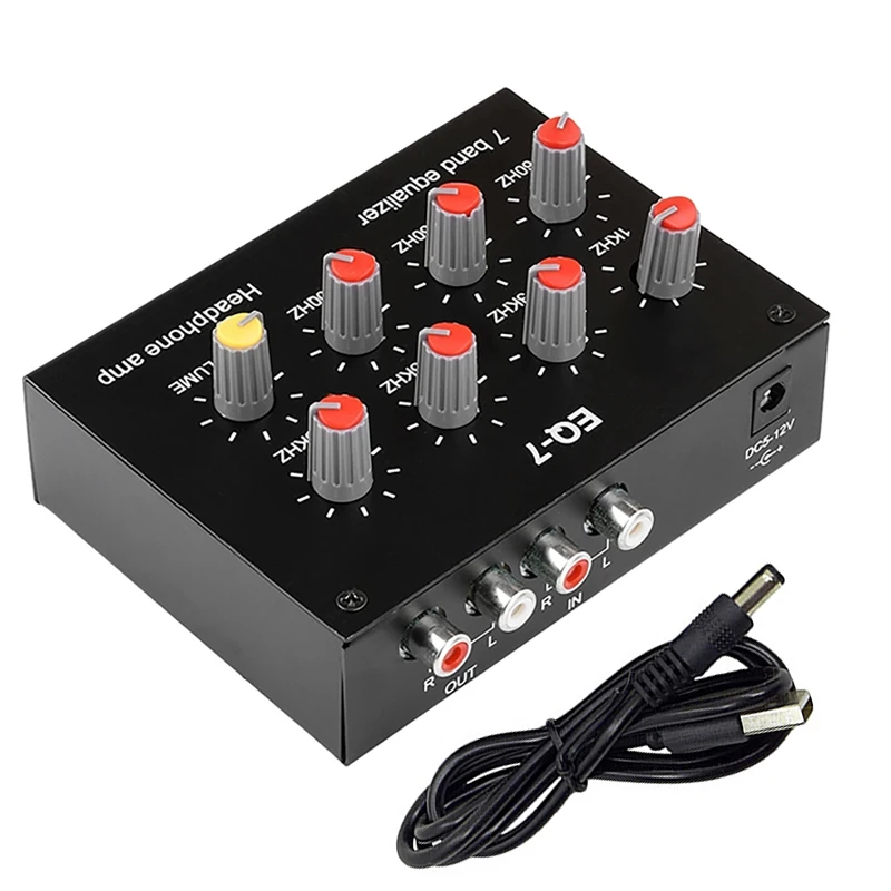 7 Band Sound Equalizer RCA Output Input 12dB High Bass Adjustment Dual Channel Digital Equalizer