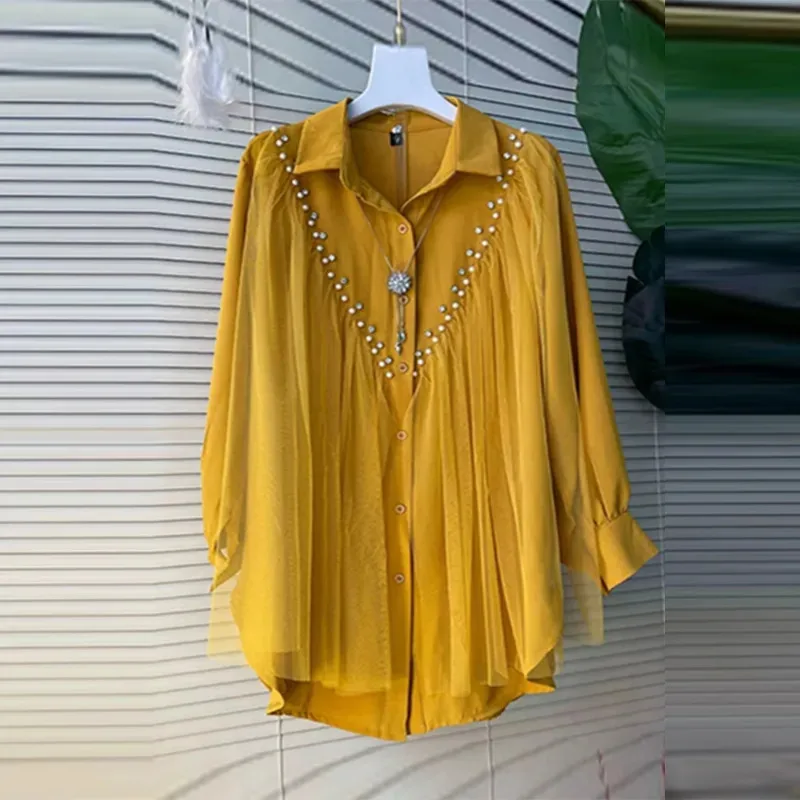 Fashion Stitching Mesh Long Shirt Female White Black Yellow Hot Drilling And Beading Women's Blouse Summer Autumn Shirts Dresses