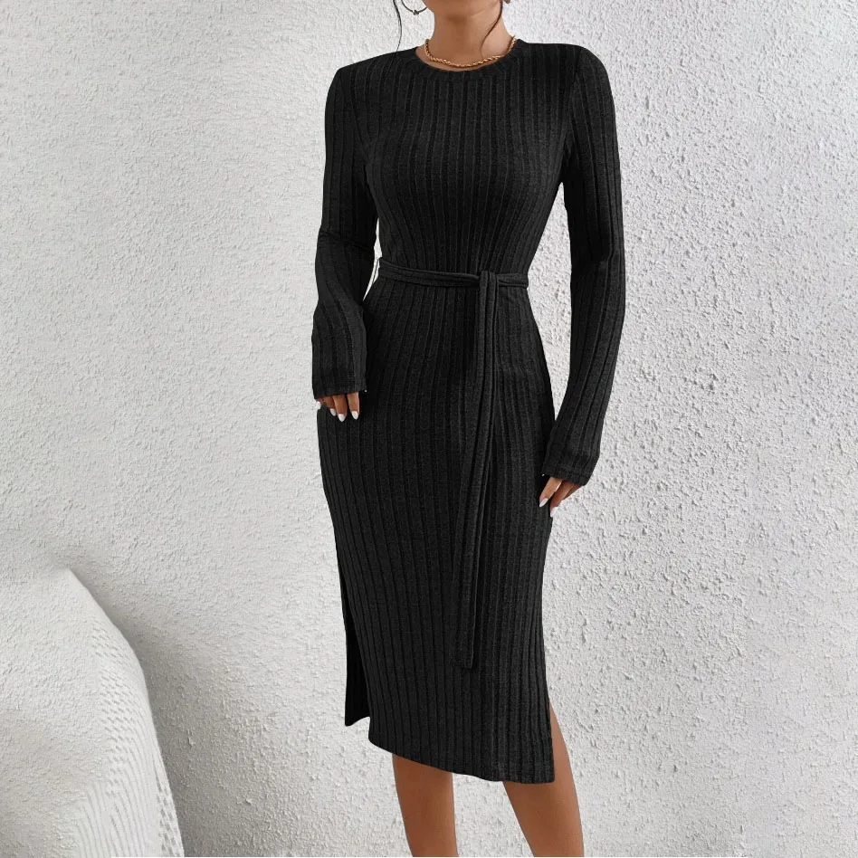 Women's Knitted Long Sleeve Crew Neck Slim Sexy Package Hip Dresses Side Split Casual Dress Autumn Winter Medium Length Skirt