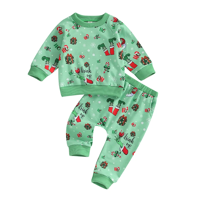 Infant Toddler Boy Christmas Outfits Long Sleeve Shirts Grinch Printing Sweatshirt Green Pants Set 2Pcs Outfits