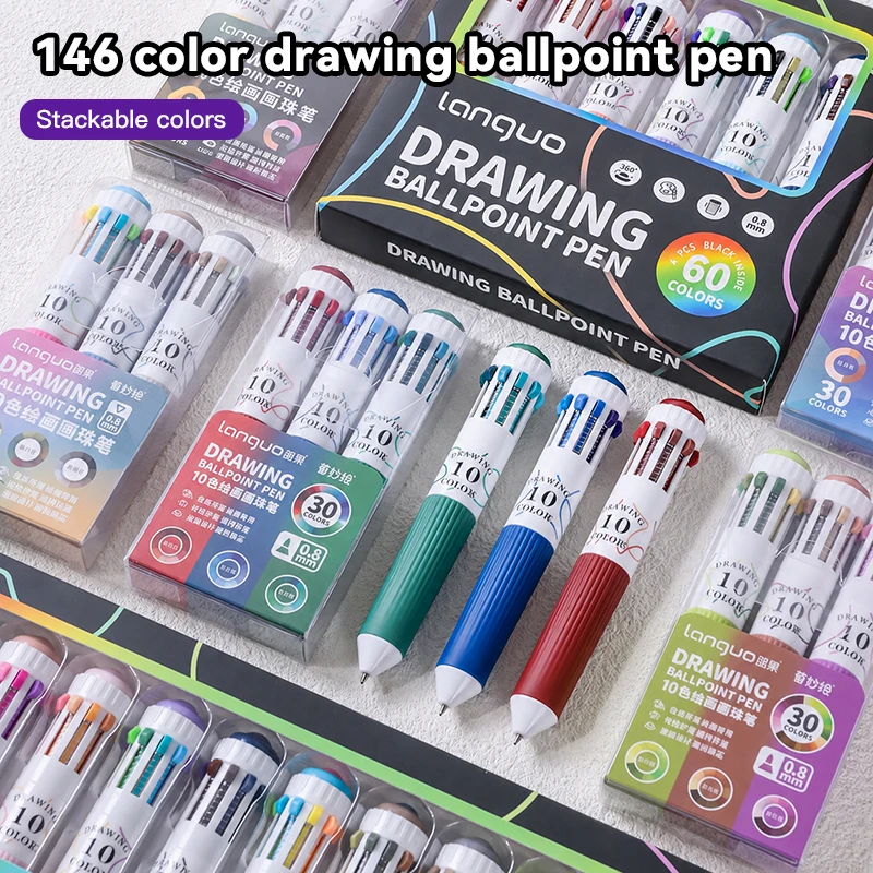 LANGUO 10-in-1 Colored Drawing Ballpoint Pen Set 146/28 Colors 0.8mm Multicolor Pen Hand Account Drawing Writing Retractable Pen