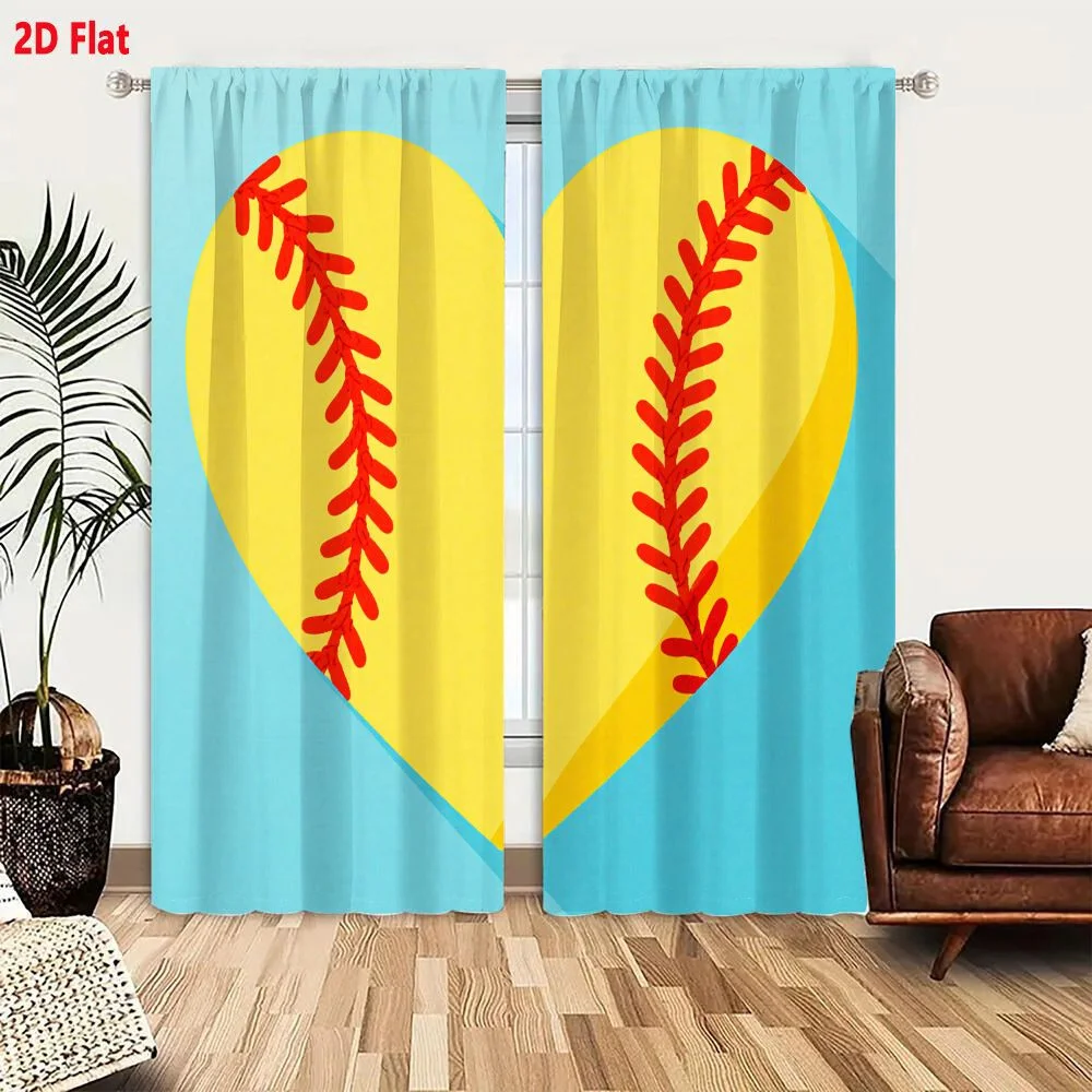 2Pcs Curtains 2D Flat Yellow Heart With Red Baseball Stitching On Light Blue Background, Simple Playful Design Blending Love And