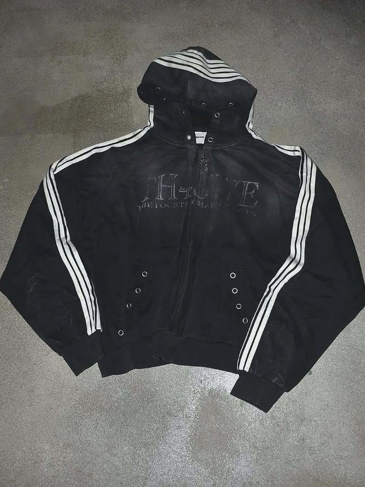 Cropped Zip Hooded Jacket Young Men Oversized Drop Shoulder Striped Sleeve Eyelet Pocket Vintage Letter Dark Street Teen Guys