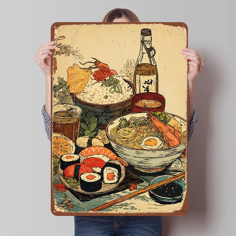 Japanisches Lebensmittel-Stilleben Blechplakette Poster Personalisierte Wandkunst Retro Vintage Metallschilder für Zimmer Haus Heim Deko Accessoires