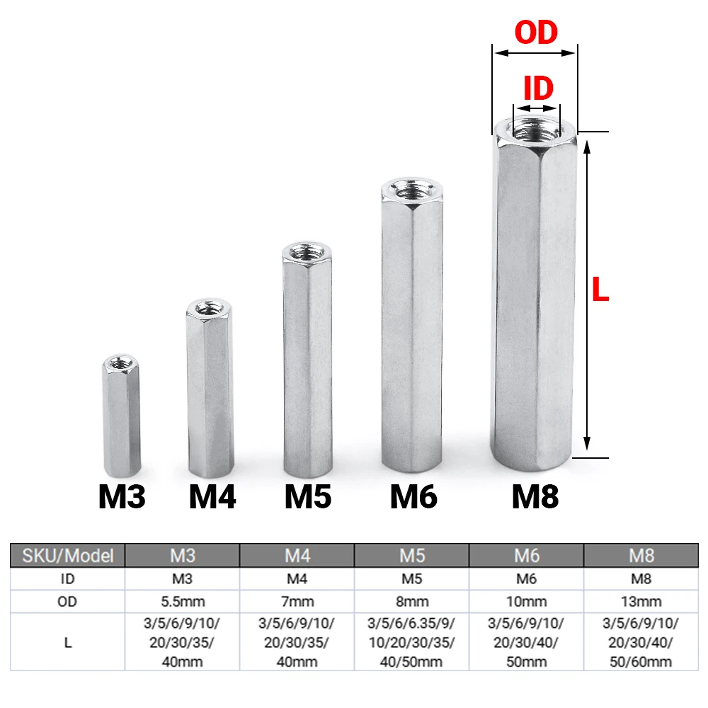 100pcs/Lot M3 M4 M5 M6 M8 Aluminum Threaded Hex Spacers Hexagon Hex Extend Long Coupling Nut Connector Length 3mm to 60mm