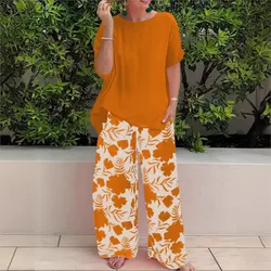 Summer Solid Color T-shirt Blouse + Printed Trousers Women Suit Wide Simple Pocket Wide Leg Trousers Female Plus Size 2Piece Set