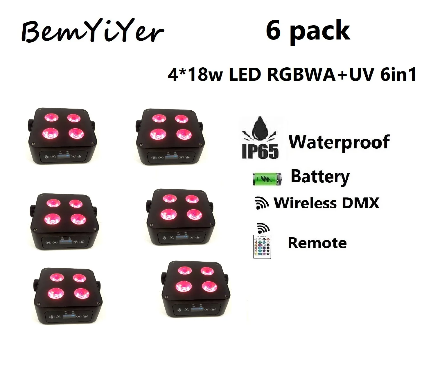 

6pack BemYiYer 4x18W outdoor LED Par Uplights Battery Wireless DMX Remote IP65 IR/RGBWA+UV 6in1 stage effect lighting