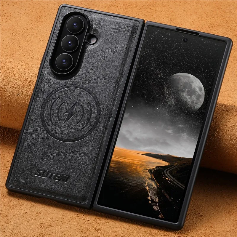 Retro Genuine Leather Magnetic Charging Case For Samsung Galaxy Z Fold 7 Z Fold6 Premium Cowhide Real Leather Shockproof Cover