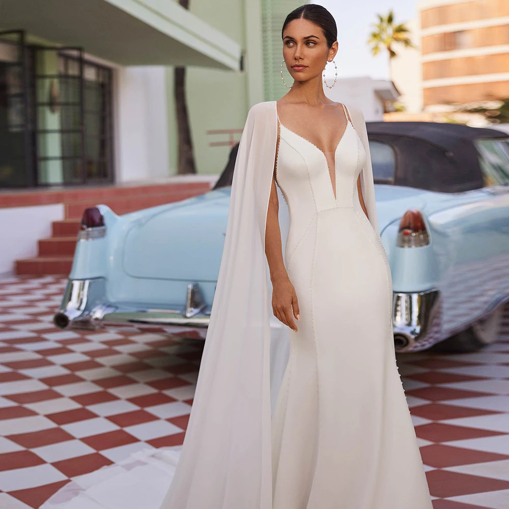 Customized Jersey Spaghetti Strap Deep V-Neck Mermaid Wedding Dress with Detachable Cape Court Train Open Back Bridal Gowns