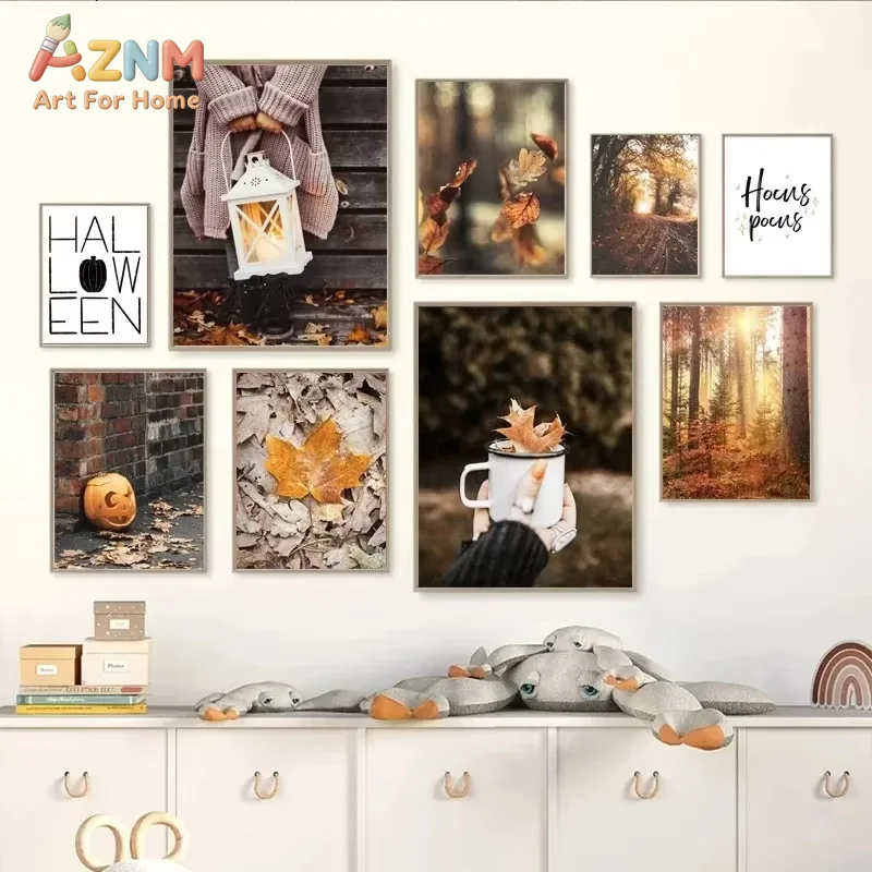 1PC Halloween Pumpkin Fall Forest Maple Leaf Wall Art Canvas Painting Nordic Posters and Prints Pictures for Living Room Decor