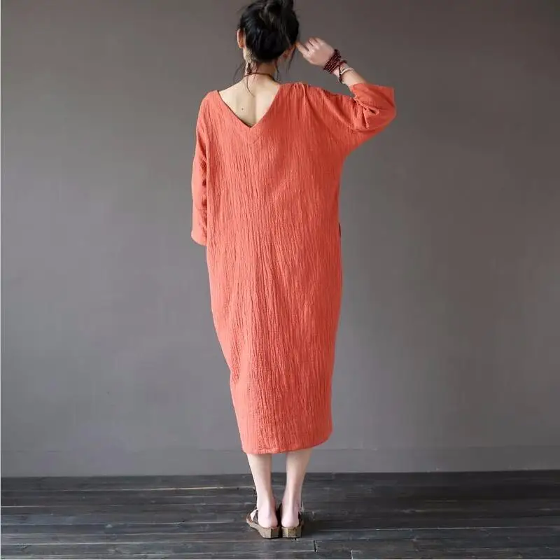 Sukienki z lnu i bawełny na jesień 2026 dla kobiet, plus size, nowe, vintage, luźne, z rękawem trzy czwarte, długie sukienki oversize 5XL 6XL — zdjęcie 3