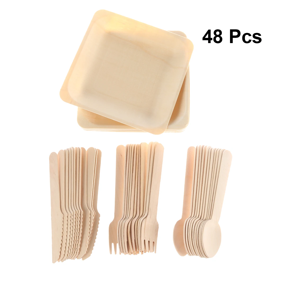 48pcs Disposable Wooden Cutlery Set Salad Dessert Plates Spoons Forks Knives Kitchen Tableware Party Picnic Supplies