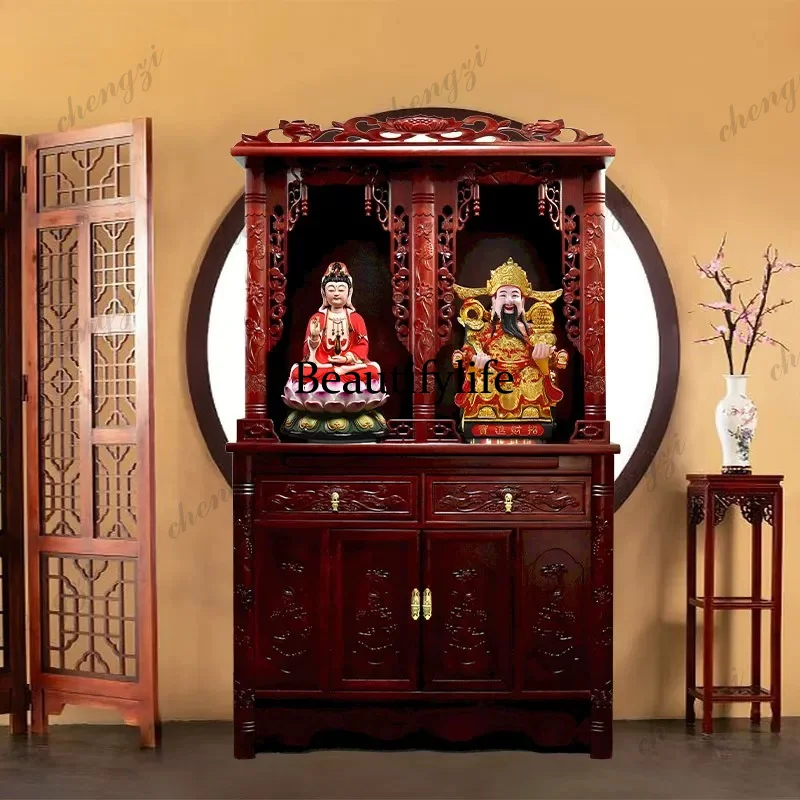 Solid wood Buddhist niche, second floor, double-position Buddhist cabinet, shrine to God of Wealth, shrine household