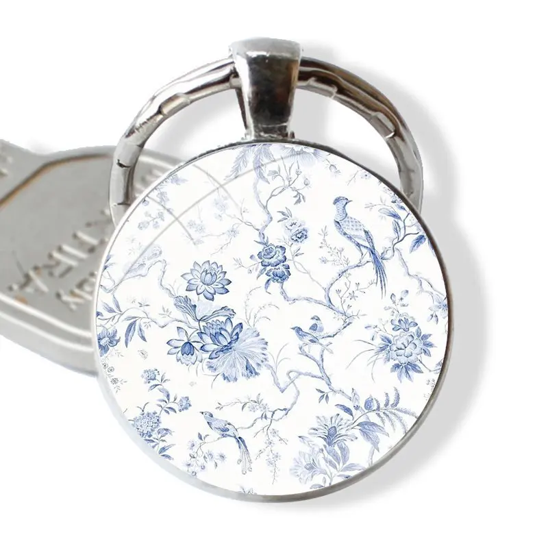 Blue and white Porcelain Flowers Keychain Handmade Glass Cabochon Key Ring Holder Pendant Key Chains