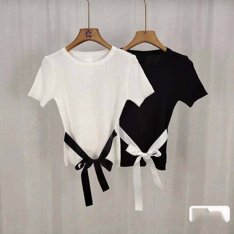 

Женский вязаный пуловер с короткими рукавами и бантом на шнуровке, лето 2022, с круглым вырезом, однотонный облегающий укороченный топ Y2k, простой милый свитер