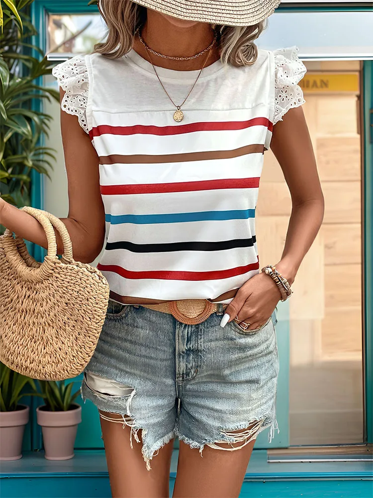 JIM & NORA Summer Europe and the United States ladies hot selling new color striped casual T-shirt lace patchwork basic blouse