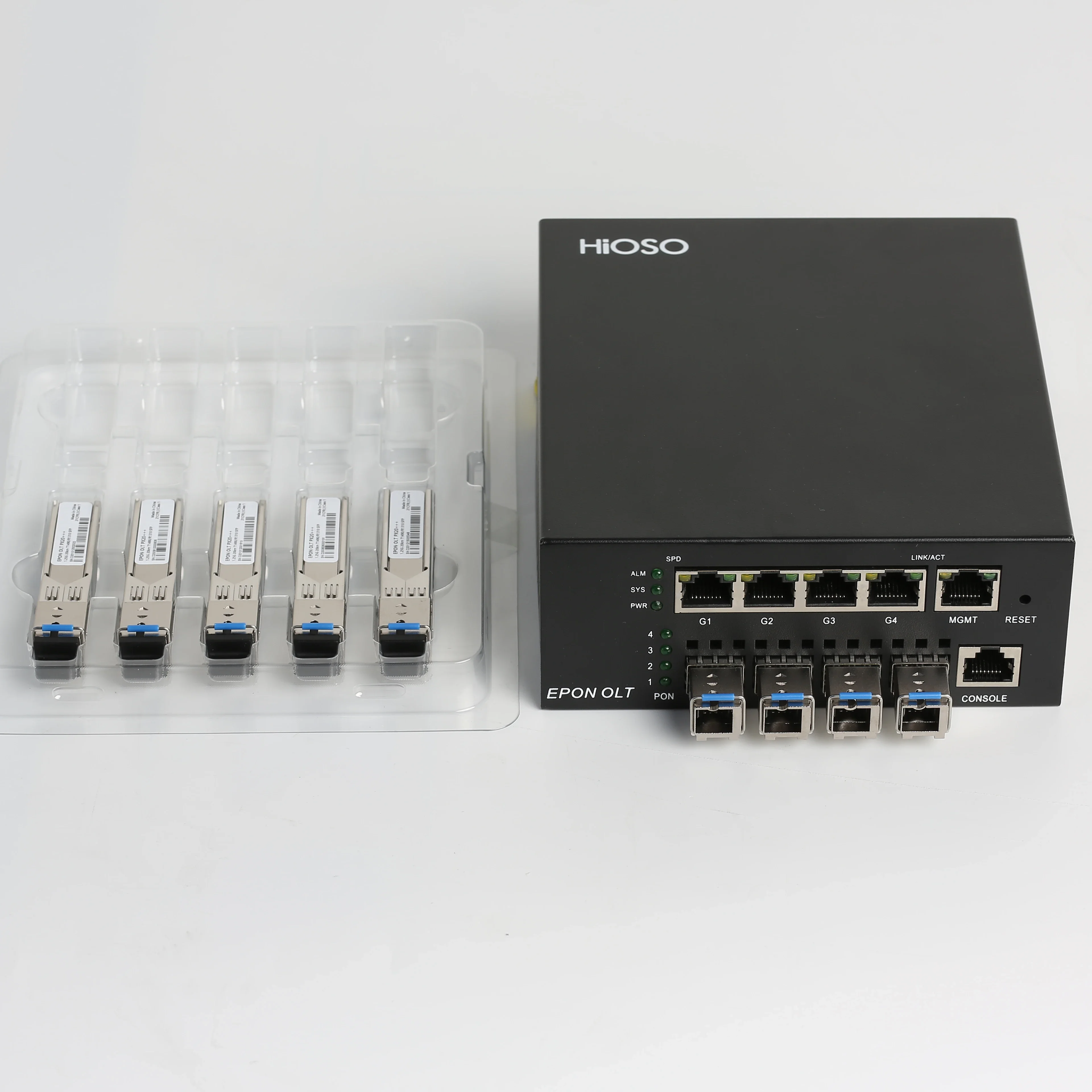 HiOSO Ftth olt 4 uplink ports epon xpon mini epon 4pon olt epon with 4 PX20+ PON SFP moules