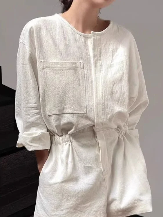 

Versatile RIXO RNUNES Jumpsuit with Dstring Waist round Ne Design Workwear Sle High Waist ort Pants Commute Friendly