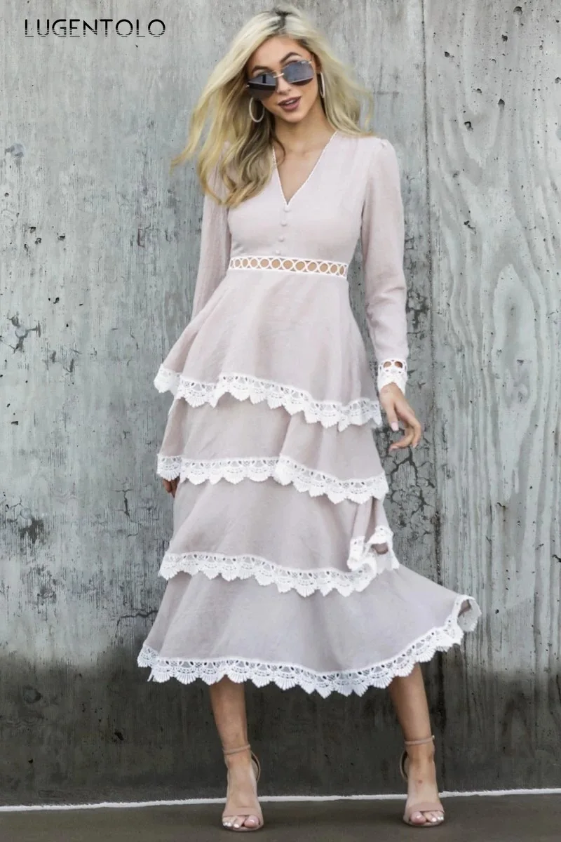 

Lace Cake Dress Women Long Sleeve V-neck Hollow Out Big Swing Elegant Lady Party Spring Summer Apricot Empire Dresses