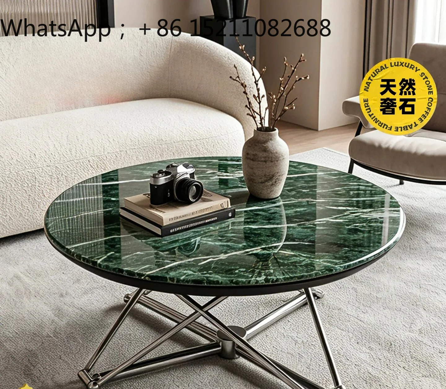 LLY natural luxury stone round coffee table small apartment living room can be lifted and deformed dual-purpose dining table