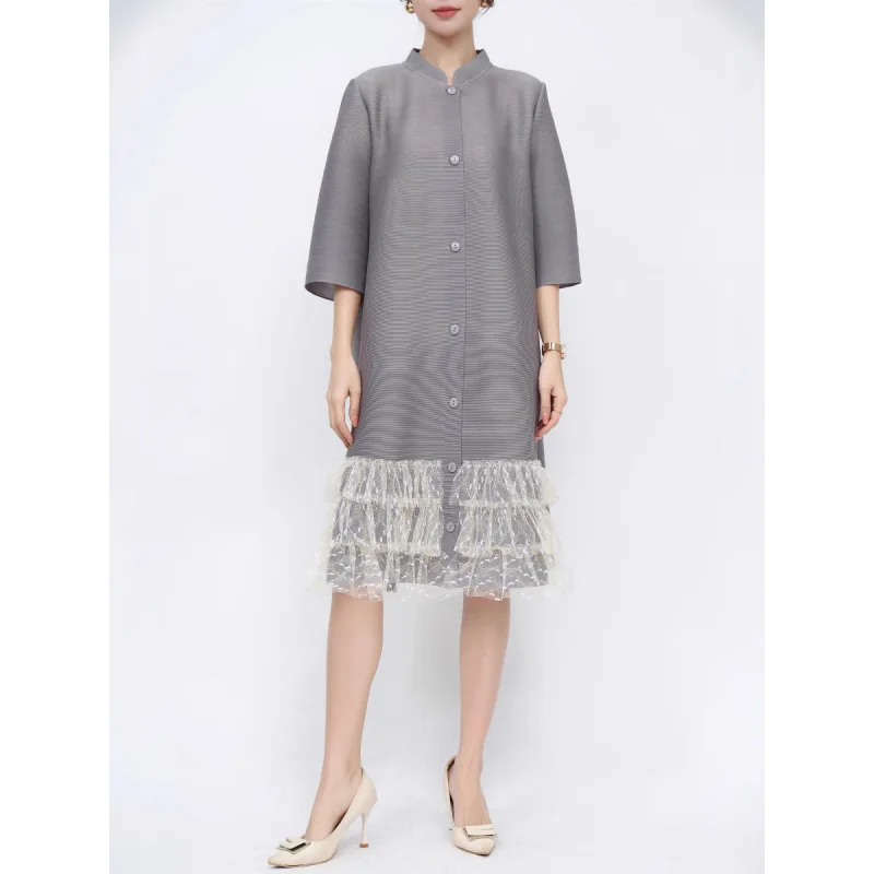 

MIYAKE Wrinkle Women Cardigan Shake Shake Dress Small Stand Collar Single Row Multiple Buckles Loose Large Medium/Long[20250006]