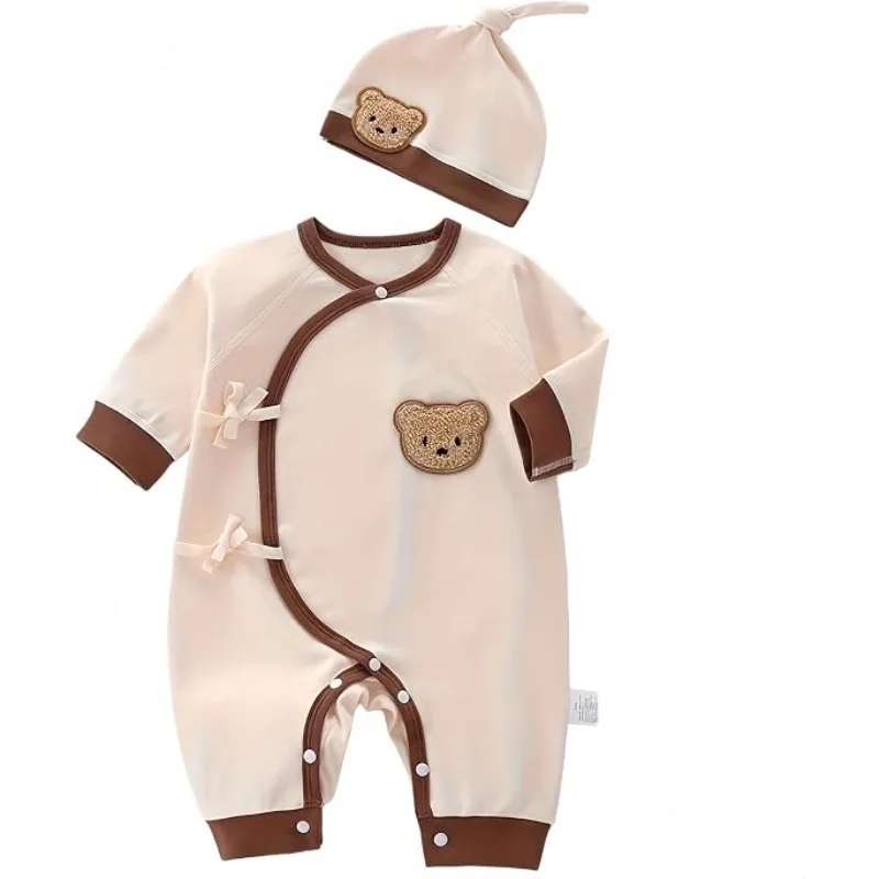 Babyfond Neutral newborn bear embroidery jumpsuit 2-piece set with long sleeves and full zipper closure