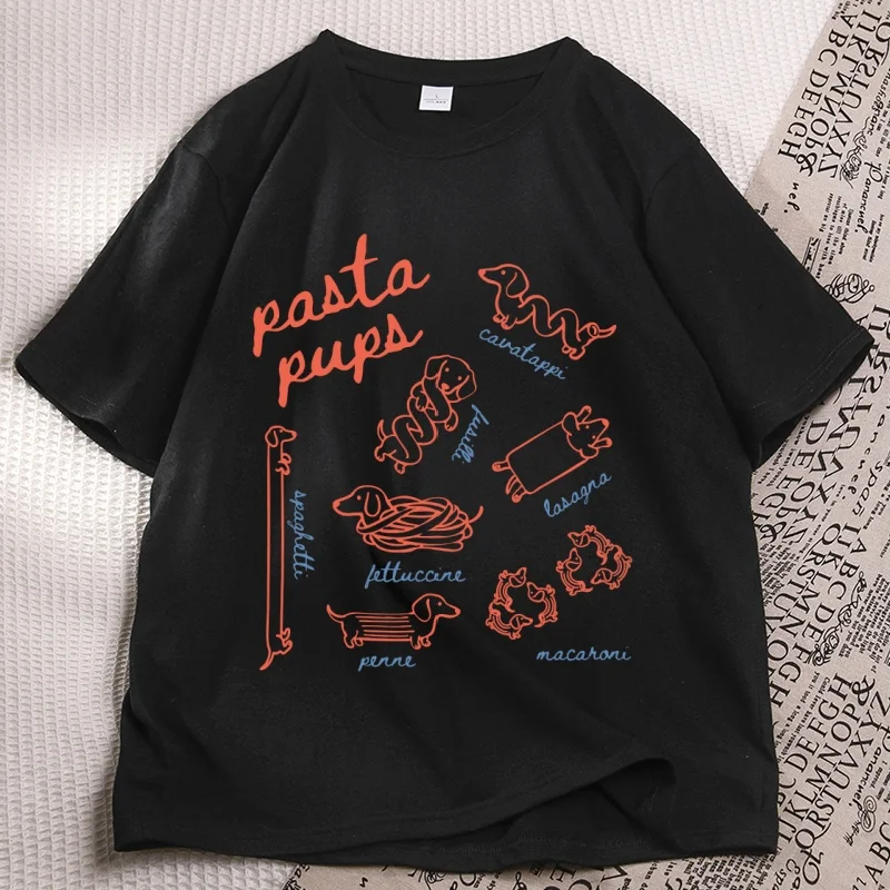Pasta Pups T-shirt Funny Dachshund Women's T-shirts Italian Cotton Short Sleeve Foodie Weiner Dog Mom T Shirt Woman Clothing