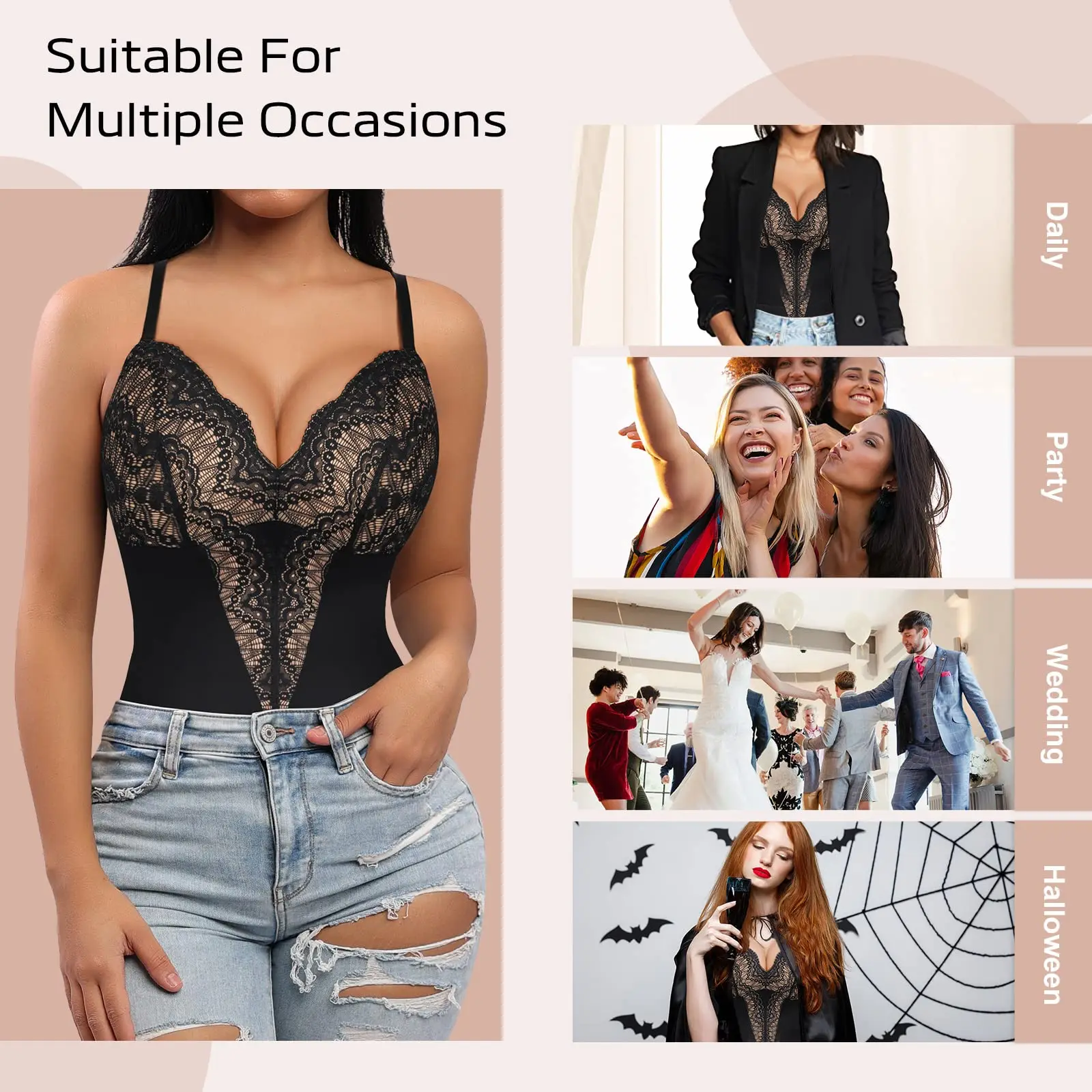 Pop Lace Bodysuit for Women Tummy Control Shapewear V Neck Backless Tank Tops One Piece Body Shaper Fajas Thongs Sexy Body Shape