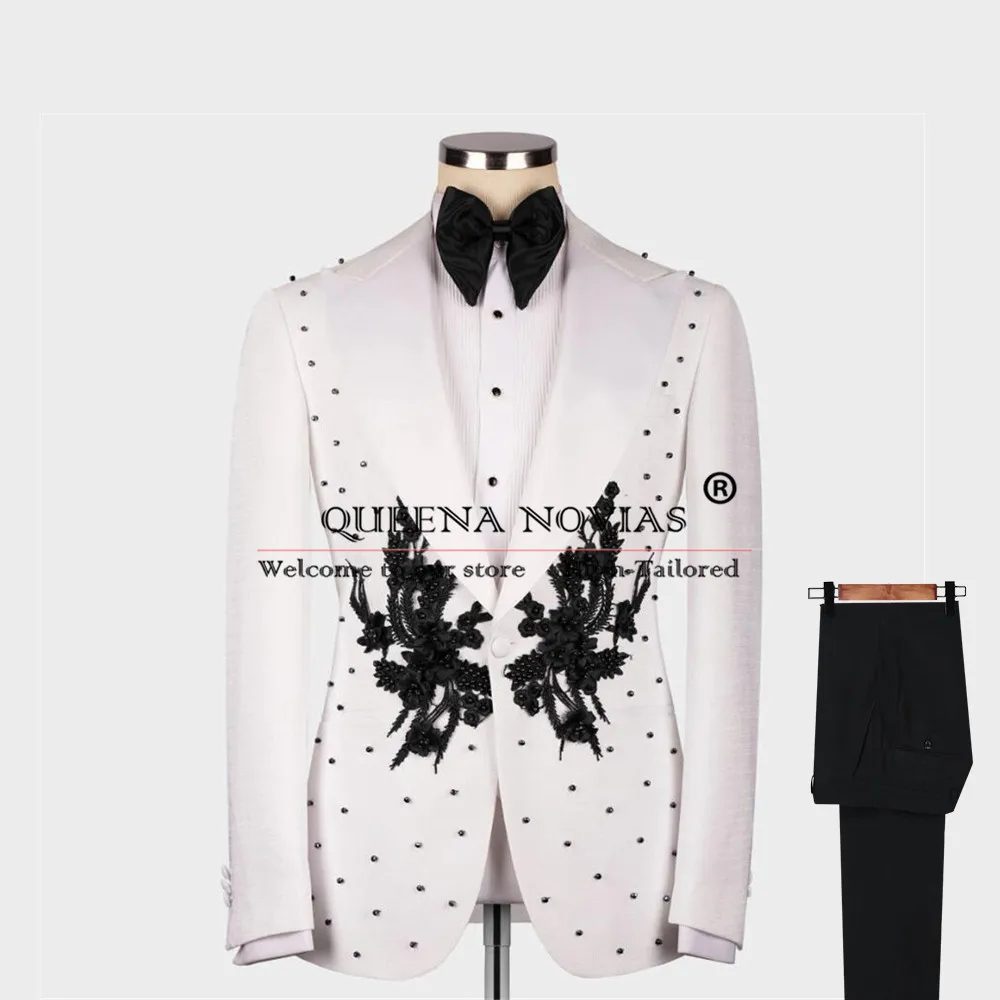 Customized Groom Wedding Suits Luxury Black Pearls Appliques Prom Blazer Formal Party Man Banquet Dinner Man Jacket Vest Pants