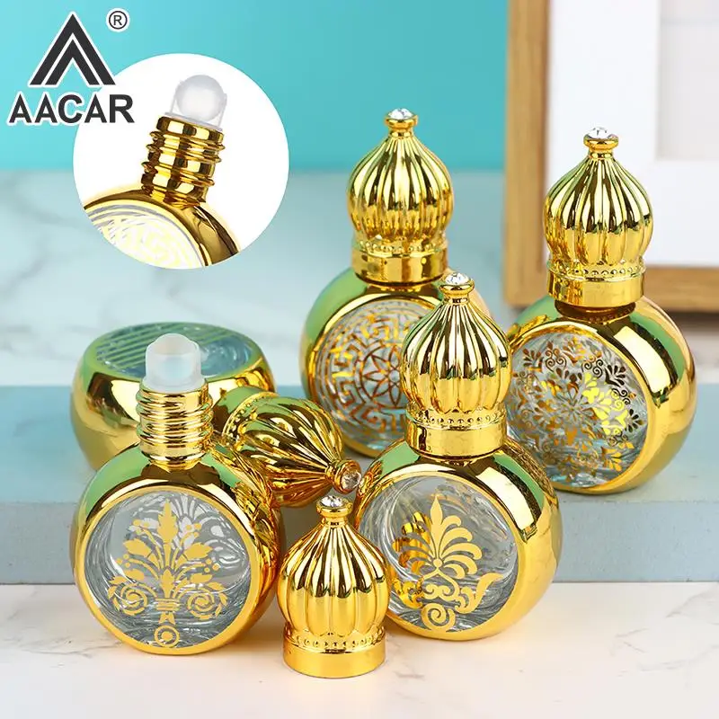 1pc 10ml Gold Arabic Crystal Essential Oil Roller Bottles Attar Oud Glass Perfume Bottle With Glass Roll On Essential Oil Bottle