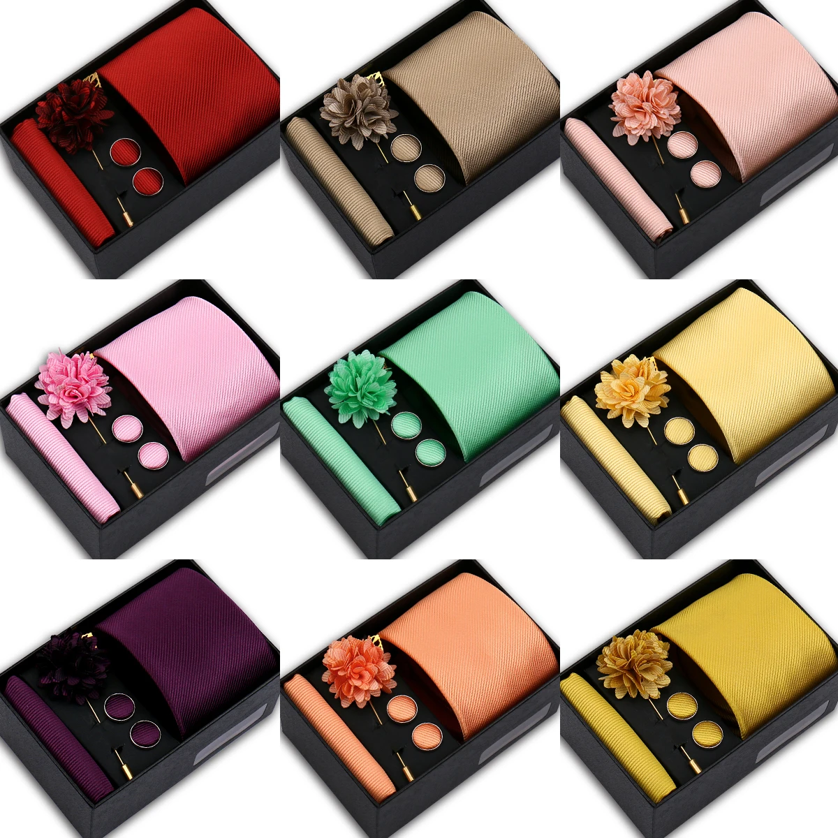 

Набор элегантных галстуков, платков, запонок и брошей из высококачественного жаккарда для мужчин, для деловых встреч и свадеб, в подарочной коробке.