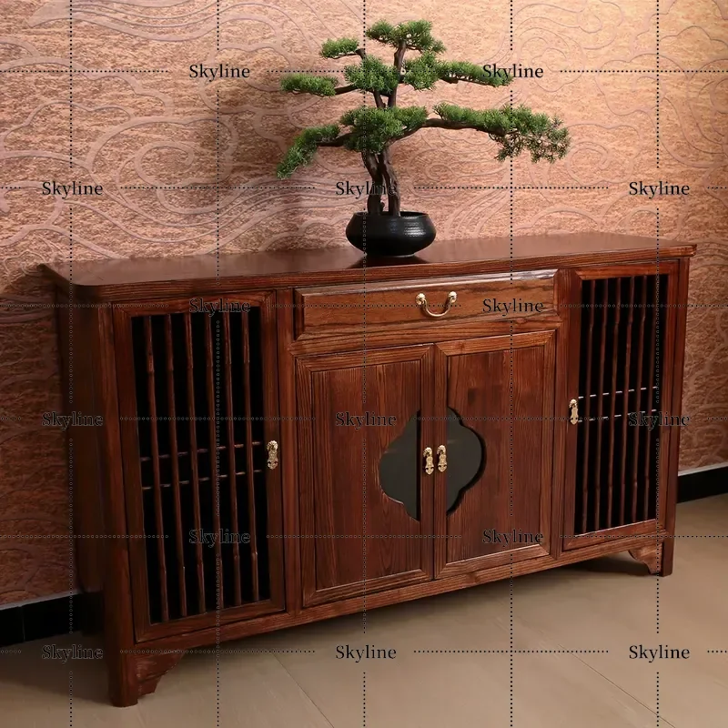 for New Chinese Style Solid Wood Dining Side Cabinet Low Tea Cabinet Foyer Entrance Console Table Wall Decor Walnut Color